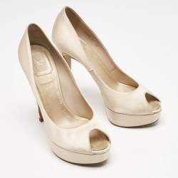 Dior Beige Satin Cannage Heel Peep Toe Platform Pumps Size 38