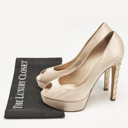 Dior Beige Satin Cannage Heel Peep Toe Platform Pumps Size 38