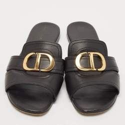 Dior Black Leather 30 Montaigne Slide Flats Size 37.5
