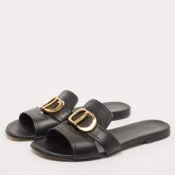 Dior Black Leather 30 Montaigne Slide Flats Size 37.5