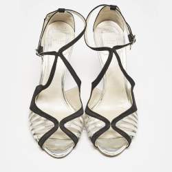 Dior Black/Silver Satin and Leather Strappy Ankle Strap Sandals Size 37.5