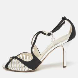 Dior Black/Silver Satin and Leather Strappy Ankle Strap Sandals Size 37.5