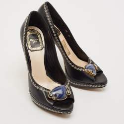 Pre Owned Dior Black Leather Bow Detail Peep Toe Pumps Size 36