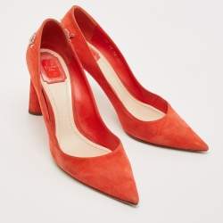 Pre Owned Dior Orange Suede Crystal Embellished Block Heel Pumps Size 40.5