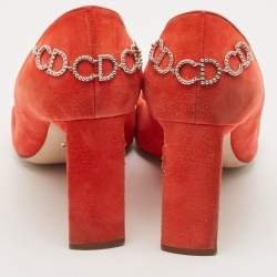 Pre Owned Dior Orange Suede Crystal Embellished Block Heel Pumps Size 40.5