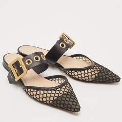 Dior Black Mesh and Leather Fishnet D-Dior Flat Mules Size 37.5