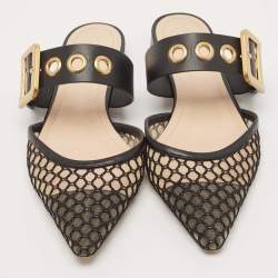 Dior Black Mesh and Leather Fishnet D-Dior Flat Mules Size 37.5