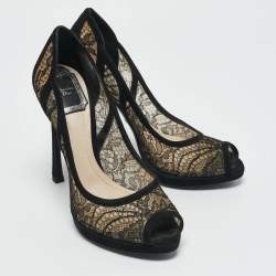 Dior Black Lace And Suede Scallop Peep Toe Pumps Size 37
