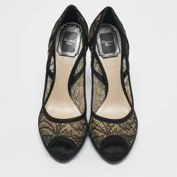 Dior Black Lace And Suede Scallop Peep Toe Pumps Size 37