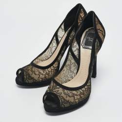 Dior Black Lace And Suede Scallop Peep Toe Pumps Size 37