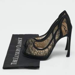 Dior Black Lace And Suede Scallop Peep Toe Pumps Size 37