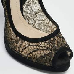 Dior Black Lace And Suede Scallop Peep Toe Pumps Size 37