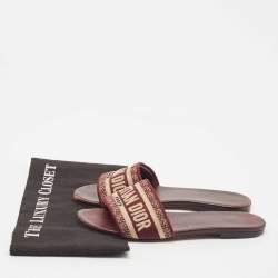 Dior Burgundy Embroidered Canvas Dway Flat Slides Size 38