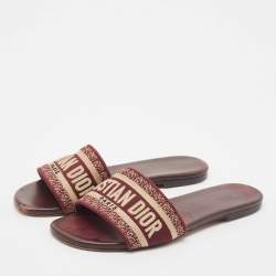 Dior Burgundy Embroidered Canvas Dway Flat Slides Size 38