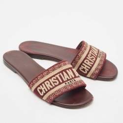 Dior Burgundy Embroidered Canvas Dway Flat Slides Size 38