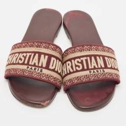 Dior Burgundy Embroidered Canvas Dway Flat Slides Size 38