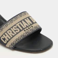 Pre Owned Dior Beige/Navy Blue Logo Embroidered  Jacquard Dway Slide Sandals Size 39
