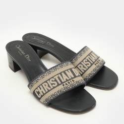 Pre Owned Dior Beige/Navy Blue Logo Embroidered  Jacquard Dway Slide Sandals Size 39