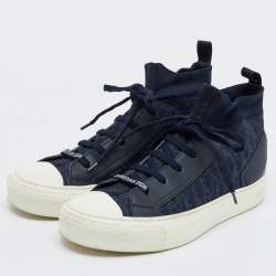 Dior Navy Blue Knit Fabric and Leather Walk'n'Dior Mid Sneakers Size 39