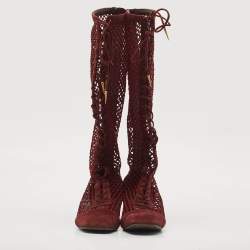 Dior Burgundy Mesh and Suede Naughtily D Knee Length Boots Size 39