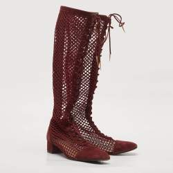 Dior Burgundy Mesh and Suede Naughtily D Knee Length Boots Size 39