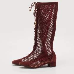 Dior Burgundy Mesh and Suede Naughtily D Knee Length Boots Size 39