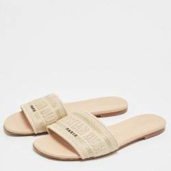 مملوكة مسبقًا Dior Grey/Beige Embroidered Canvas Dway Flat Slides Size 38
