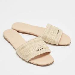 مملوكة مسبقًا Dior Grey/Beige Embroidered Canvas Dway Flat Slides Size 38