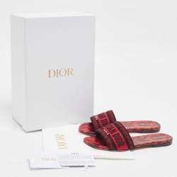 Pre Owned Dior Red/Black Embroidered Canvas Dway Flat Slides Size 37