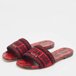 Pre Owned Dior Red/Black Embroidered Canvas Dway Flat Slides Size 37
