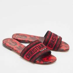 Pre Owned Dior Red/Black Embroidered Canvas Dway Flat Slides Size 37