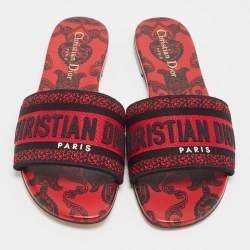 Pre Owned Dior Red/Black Embroidered Canvas Dway Flat Slides Size 37