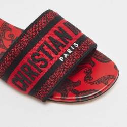 Pre Owned Dior Red/Black Embroidered Canvas Dway Flat Slides Size 37