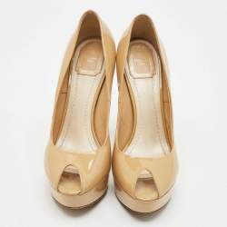 Dior Beige Patent Leather Miss Dior Peep Toe Platform Pumps Size 40