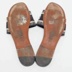 Pre Owned Dior Navy Blue/White Embroidered Canvas Dway Flat Slides Size 39.5