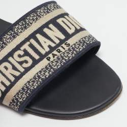 Pre Owned Dior Navy Blue/White Embroidered Canvas Dway Flat Slides Size 39.5