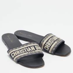 Pre Owned Dior Navy Blue/White Embroidered Canvas Dway Flat Slides Size 39.5