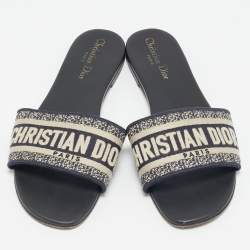 Pre Owned Dior Navy Blue/White Embroidered Canvas Dway Flat Slides Size 39.5
