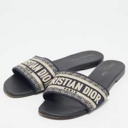 Pre Owned Dior Navy Blue/White Embroidered Canvas Dway Flat Slides Size 39.5