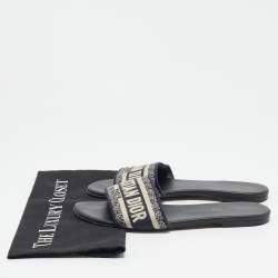 Pre Owned Dior Navy Blue/White Embroidered Canvas Dway Flat Slides Size 39.5