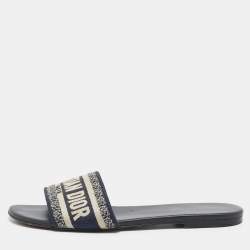 Pre Owned Dior Navy Blue/White Embroidered Canvas Dway Flat Slides Size 39.5
