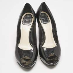 Dior Black Patent Leather Miss Dior Peep Toe Platform Pumps Size 39.5