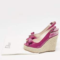 Dior Pink Patent Leather Bow Espadrille Platform Wedge Sandals Size 36