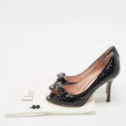 Dior Black Cannage Patent Leather Bow Peep Toe Pumps Size 36.5
