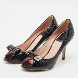 Dior Black Cannage Patent Leather Bow Peep Toe Pumps Size 36.5