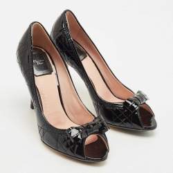 Dior Black Cannage Patent Leather Bow Peep Toe Pumps Size 36.5