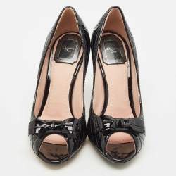 Dior Black Cannage Patent Leather Bow Peep Toe Pumps Size 36.5