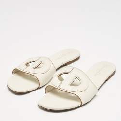 Pre Owned Dior White Leather D Club Flat Slide Sandals Size 39