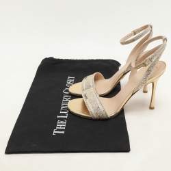Pre Owned Dior Metallic Beige Canvas Crystals Embellished Dway Ankle Strap Heeled Sandals Size 37