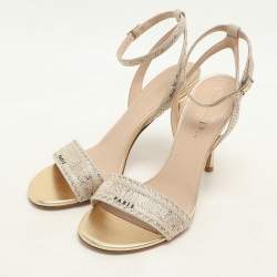 Pre Owned Dior Metallic Beige Canvas Crystals Embellished Dway Ankle Strap Heeled Sandals Size 37